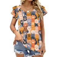 AILLOSA YH-546 Tamamı Baskılı Fırfırlı Kısa Kollu V Yakalı Kadın T-shirt