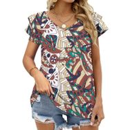 AILLOSA YH-549 Tamamı Baskılı Fırfırlı Kısa Kollu V Yakalı Kadın T-shirt