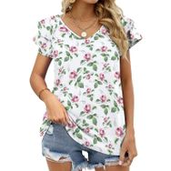 AILLOSA YH-55 Tamamı Baskılı Fırfırlı Kısa Kollu V Yakalı Kadın T-shirt