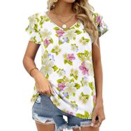 AILLOSA YH-551 Tamamı Baskılı Fırfırlı Kısa Kollu V Yakalı Kadın T-shirt