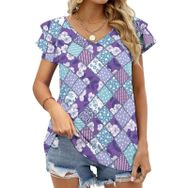 AILLOSA YH-552 Tamamı Baskılı Fırfırlı Kısa Kollu V Yakalı Kadın T-shirt