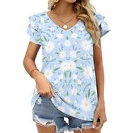 AILLOSA YH-553 Tamamı Baskılı Fırfırlı Kısa Kollu V Yakalı Kadın T-shirt
