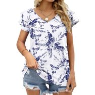 AILLOSA YH-554 Tamamı Baskılı Fırfırlı Kısa Kollu V Yakalı Kadın T-shirt