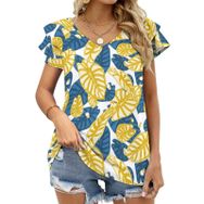 AILLOSA YH-555 Tamamı Baskılı Fırfırlı Kısa Kollu V Yakalı Kadın T-shirt