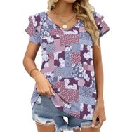 AILLOSA YH-556 Tamamı Baskılı Fırfırlı Kısa Kollu V Yakalı Kadın T-shirt