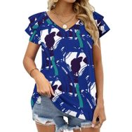 AILLOSA YH-557 Tamamı Baskılı Fırfırlı Kısa Kollu V Yakalı Kadın T-shirt