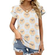 AILLOSA YH-559 Tamamı Baskılı Fırfırlı Kısa Kollu V Yakalı Kadın T-shirt