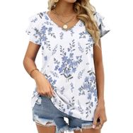 AILLOSA YH-56 Tamamı Baskılı Fırfırlı Kısa Kollu V Yakalı Kadın T-shirt