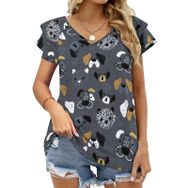 AILLOSA YH-560 Tamamı Baskılı Fırfırlı Kısa Kollu V Yakalı Kadın T-shirt