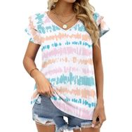 AILLOSA YH-564 Tamamı Baskılı Fırfırlı Kısa Kollu V Yakalı Kadın T-shirt