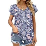 AILLOSA YH-565 Tamamı Baskılı Fırfırlı Kısa Kollu V Yakalı Kadın T-shirt