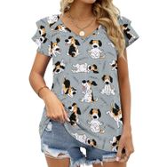 AILLOSA YH-568 Tamamı Baskılı Fırfırlı Kısa Kollu V Yakalı Kadın T-shirt