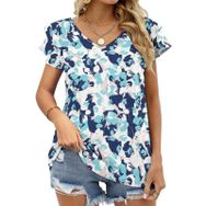 AILLOSA YH-569 Tamamı Baskılı Fırfırlı Kısa Kollu V Yakalı Kadın T-shirt