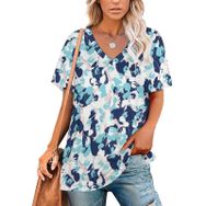 AILLOSA YH-569 Tamamı Baskılı V Yaka Kısa Kollu Kadın T-Shirt