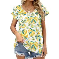 AILLOSA YH-570 Tamamı Baskılı Fırfırlı Kısa Kollu V Yakalı Kadın T-shirt