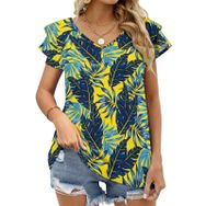 AILLOSA YH-571 Tamamı Baskılı Fırfırlı Kısa Kollu V Yakalı Kadın T-shirt