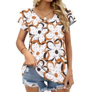 AILLOSA YH-572 Tamamı Baskılı Fırfırlı Kısa Kollu V Yakalı Kadın T-shirt