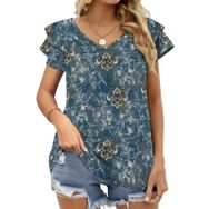 AILLOSA YH-573 Tamamı Baskılı Fırfırlı Kısa Kollu V Yakalı Kadın T-shirt