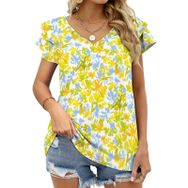 AILLOSA YH-574 Tamamı Baskılı Fırfırlı Kısa Kollu V Yakalı Kadın T-shirt