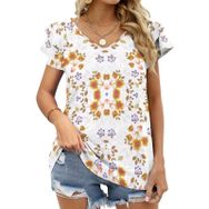 AILLOSA YH-576 Tamamı Baskılı Fırfırlı Kısa Kollu V Yakalı Kadın T-shirt