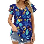 AILLOSA YH-577 Tamamı Baskılı Fırfırlı Kısa Kollu V Yakalı Kadın T-shirt
