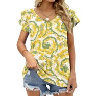 AILLOSA YH-578 Tamamı Baskılı Fırfırlı Kısa Kollu V Yakalı Kadın T-shirt