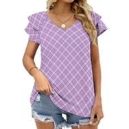 AILLOSA YH-579 Tamamı Baskılı Fırfırlı Kısa Kollu V Yakalı Kadın T-shirt