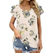 AILLOSA YH-58 Tamamı Baskılı Fırfırlı Kısa Kollu V Yakalı Kadın T-shirt