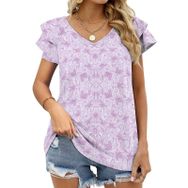AILLOSA YH-580 Tamamı Baskılı Fırfırlı Kısa Kollu V Yakalı Kadın T-shirt
