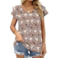 AILLOSA YH-581 Tamamı Baskılı Fırfırlı Kısa Kollu V Yakalı Kadın T-shirt
