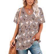 AILLOSA YH-581 Tamamı Baskılı V Yaka Kısa Kollu Kadın T-Shirt