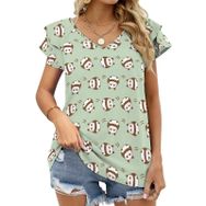 AILLOSA YH-583 Tamamı Baskılı Fırfırlı Kısa Kollu V Yakalı Kadın T-shirt