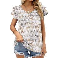 AILLOSA YH-584 Tamamı Baskılı Fırfırlı Kısa Kollu V Yakalı Kadın T-shirt