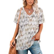 AILLOSA YH-584 Tamamı Baskılı V Yaka Kısa Kollu Kadın T-Shirt