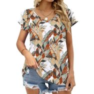 AILLOSA YH-585 Tamamı Baskılı Fırfırlı Kısa Kollu V Yakalı Kadın T-shirt