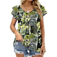 AILLOSA YH-586 Tamamı Baskılı Fırfırlı Kısa Kollu V Yakalı Kadın T-shirt