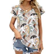 AILLOSA YH-587 Tamamı Baskılı Fırfırlı Kısa Kollu V Yakalı Kadın T-shirt