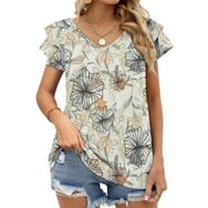 AILLOSA YH-589 Tamamı Baskılı Fırfırlı Kısa Kollu V Yakalı Kadın T-shirt
