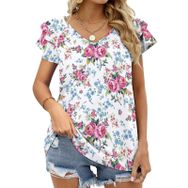 AILLOSA YH-59 Tamamı Baskılı Fırfırlı Kısa Kollu V Yakalı Kadın T-shirt