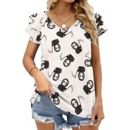 AILLOSA YH-590 Tamamı Baskılı Fırfırlı Kısa Kollu V Yakalı Kadın T-shirt