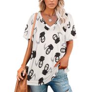 AILLOSA YH-590 Tamamı Baskılı Kısa Kollu V Yaka Kadın T-shirt