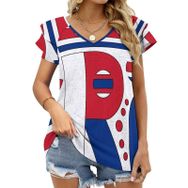 AILLOSA YH-593 Tamamı Baskılı Fırfırlı Kısa Kollu V Yakalı Kadın T-shirt