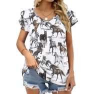 AILLOSA YH-596 Tamamı Baskılı Fırfırlı Kısa Kollu V Yakalı Kadın T-shirt
