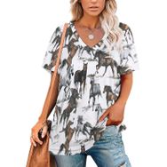 AILLOSA YH-596 Tamamı Baskılı Kısa Kollu V Yaka Kadın T-shirt