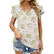 AILLOSA YH-598 Tamamı Baskılı Fırfırlı Kısa Kollu V Yakalı Kadın T-shirt