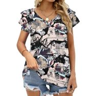 AILLOSA YH-599 Tamamı Baskılı Fırfırlı Kısa Kollu V Yakalı Kadın T-shirt