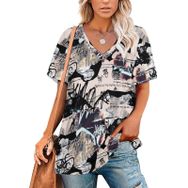 AILLOSA YH-599 Tamamı Baskılı Kısa Kollu V Yaka Kadın T-shirt
