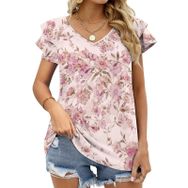 AILLOSA YH-60 Tamamı Baskılı Fırfırlı Kısa Kollu V Yakalı Kadın T-shirt