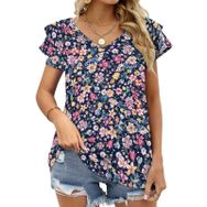 AILLOSA YH-600 Tamamı Baskılı Fırfırlı Kısa Kollu V Yakalı Kadın T-shirt