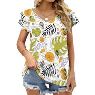 AILLOSA YH-602 Tamamı Baskılı Fırfırlı Kısa Kollu V Yakalı Kadın T-shirt